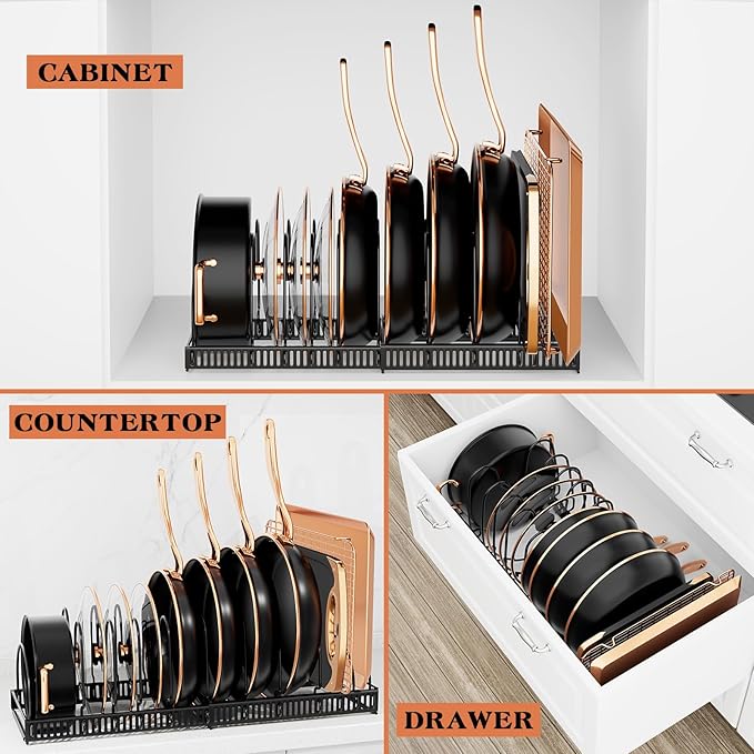 Expandable Pot and Pan Organizer Rack - Adjustable Kitchen Cabinet Holder for Pots, Lids, and Pans