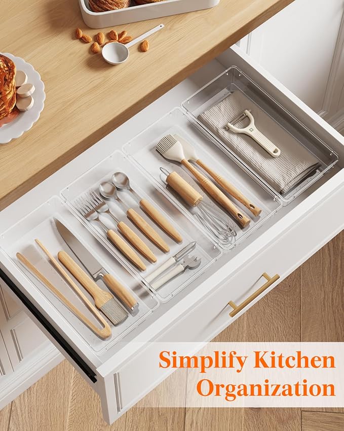 Lifewit Silverware Drawer Organizer, 5.75" x 11.65" Clear Utensil Tray for Kitchen Drawer, Stackable Plastic Flatware and Cutlery Storage Box Divider for Spoons Forks Knives Tools, 2 Pack