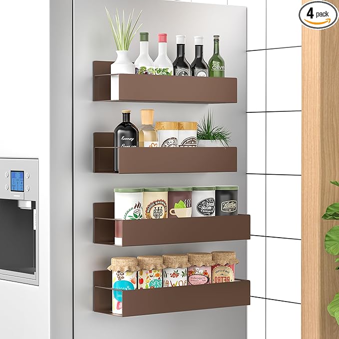 4 Pack Magnetic Spice Storage Rack Organizer for Refrigerator and Oven, Bronze Fridge Organizers and Storage