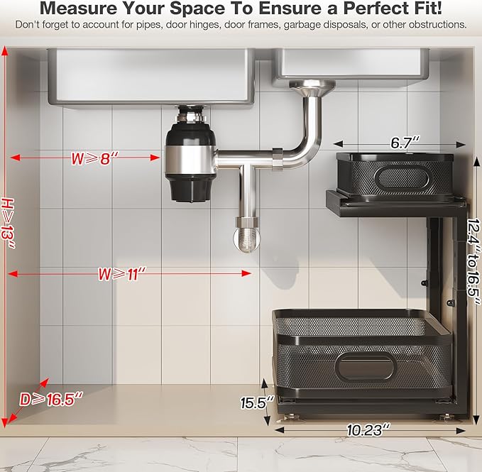 1 Pack 15.5IN-Depth Under Sink Organizer With Next-Gen Ball-Bearing Slides,2-Tier Precision Mesh Pull Out Cabinet Storage for Bathroom&Kitchen,Height Adjustable Drawers Shelf,Anti-rust-Black