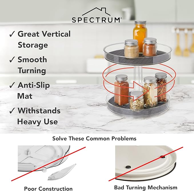 Spectrum 2-Tier Hexa Lazy Susan Organizer - Lazy Susan Turntable for Cabinet, Refrigerator, Pantry, Table, & Shelf - Rotating & Spinning Pantry Organization - Spice Rack Storage for Fridge