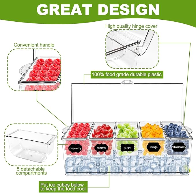 Ice Chilled Condiment Server Caddy, Bar Fruit Caddy with Lid and 5 Removable Compartments, Plastic Storage Food Container Clear Ice Condiment Serving Tray for Party, Toppings Bar Container