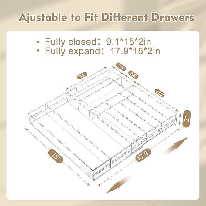 1 Pcs Acrylic Drawer Organizer Maximum 15 x 18 x 2 Inch Expandable Drawer Organizer Pens Notebook Ruler Makeup Tray with 7 Adjustable Compartments for Desk Office Kitchen Bathroom (Clear)