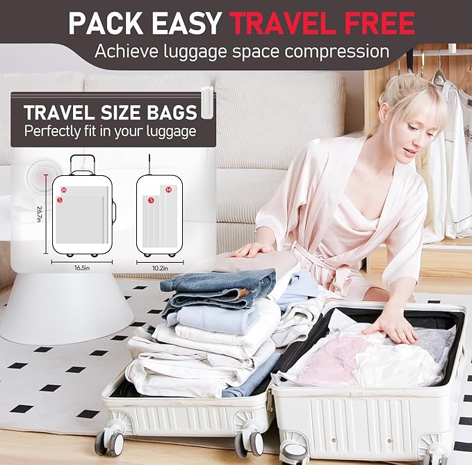 16 Pack Vacuum Storage Bags for Travel – Vacuum Seal Bags for Clothing – Space Saver with High Pressure Electric Pump, Compression Packing for Luggage and Suitcase