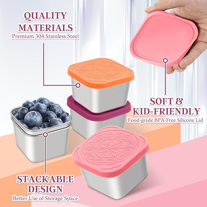 Stainless Steel Snack Containers for Kids,7.2oz Easy Open Leak Proof Reusable Snack Box Container with Lids,Small Lunch Containers for Meal Prep,School,Picnic and Travel-3Pack