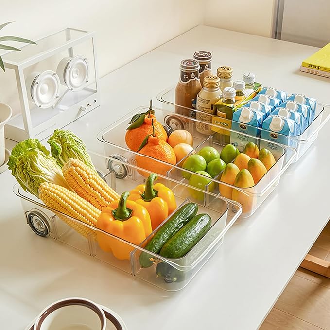 MineSign 2Pack Roll Out Fridge Caddy Bins Pull Out Drawer with Wheels Refrigerator Organizer Bins with Handles Divided Fruit Caddy for Fridge Pantry Cabinet Storage Cans Drinks