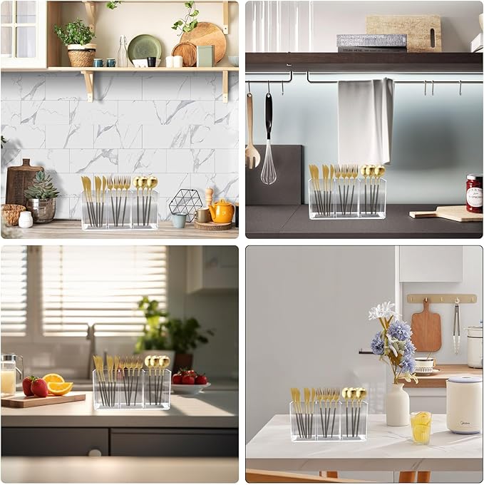 Acrylic Kitchen Utensil Holder, Cutlery Caddy with 3 Sections of Storage, Cutlery Organizer for Forks, Knives and Spoons