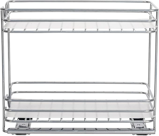 Household Essentials Glidez Paint-Finished Steel Pull-Out/Slide-Out Storage Organizer with Plastic Liner for Spice Rack Use - 2 -Tier Design - Fits Standard Size Cabinet or Shelf, Brushed Silver