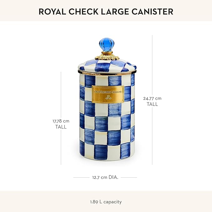 MACKENZIE-CHILDS Large Enamel Canister, Kitchen Storage Container for Flour and Sugar, 1.89 Liters, Blue-and-White Royal Check