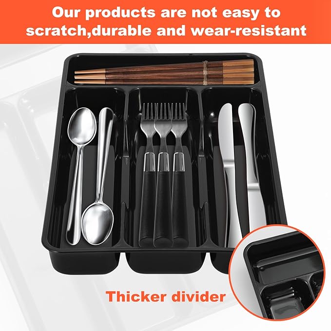 Plastic Silverware Drawer Organizer,Cutlery Storage for Kitchen Drawer Tray,Flatware and Utensil Organizer Holder Divider for Spoons Forks Knives Tableware, 4 Compartment,Small Black