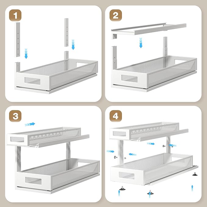 2 Pack 21.3IN-Depth Under Sink Organizer With Next-Gen Ball-Bearing Slides,2-Tier Pull Out Cabinet Storage,Height Adjustable Drawer Shelf for Bathroom,Kitchen,Laundry,Cabinet,Pantry-White