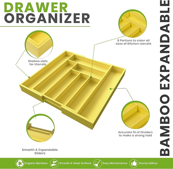 Utopia Kitchen Silverware Organizer, Expandable Bamboo Utensil Drawer Organizer, Kitchen Drawer Organizer, Silverware Organizer for Cutlery, Utensils, Flatware Holder (6-8 Slots, Yellow) Pack of 1