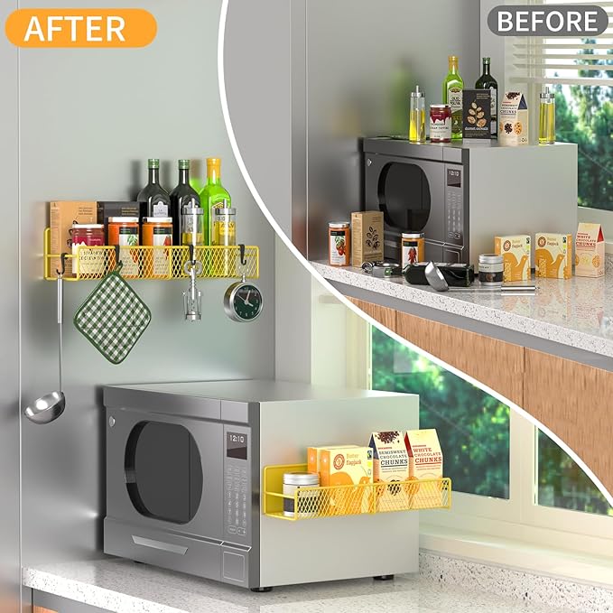 Magnetic Spice Rack for Refrigerator, 2 Pack Metal Magnetic Shelf, Moveable Spice Organizer with Hooks, Super Magnetic Fridge Shelf for Kitchen Organization and Storage, Yellow