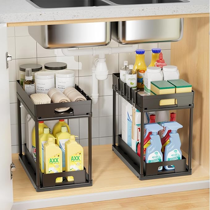 2 Pack Under Sink Organizers and Storage, Double Sliding Kitchen Bathroom Cabinet Organizer, 2 Tier Under Sink Storage for Kitchen Bathroom, Black Under Cabinet Organizer with Hooks