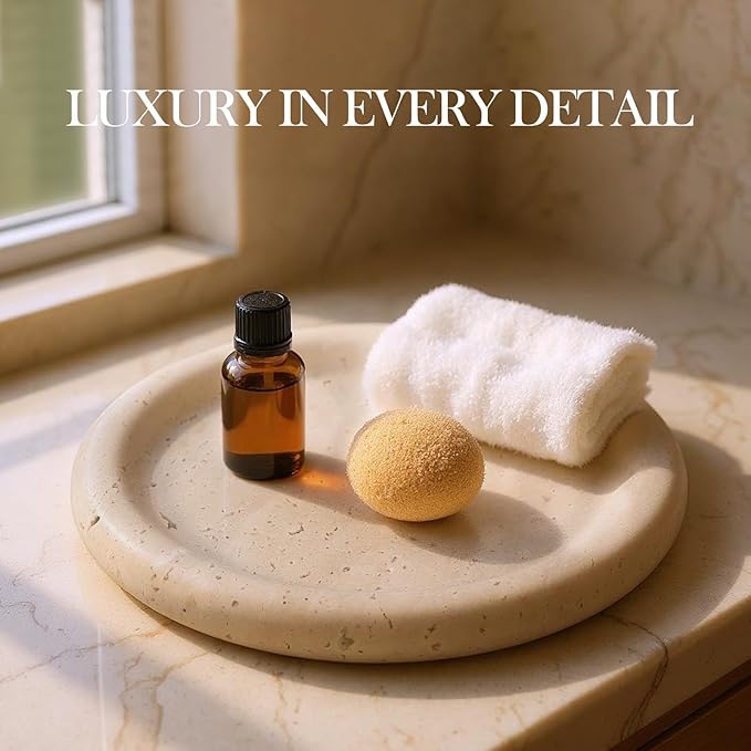 Koville Italian Round Travertine Tray, 8" Vanity Decorative Marble Tray for Countertop, Catchall for Perfume, Candles, Jewelry Dish