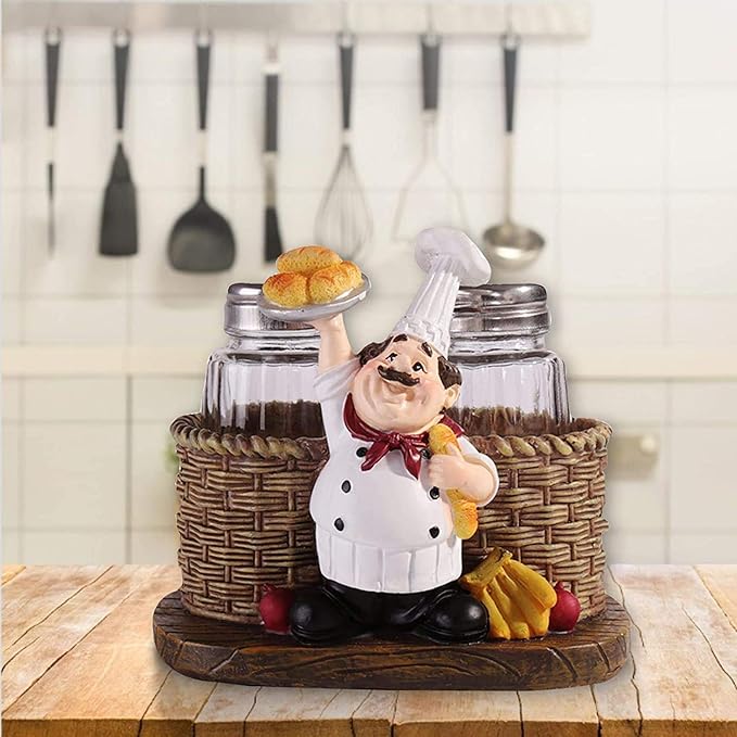 Salt and Pepper Shakers Set,Sitting Chef Decorative Statue Spice Organizer,Glass Spice Jars with Holder Figurine Gift for Family,Kitchen,Restaurant, Cafe,Bakery (Bread)