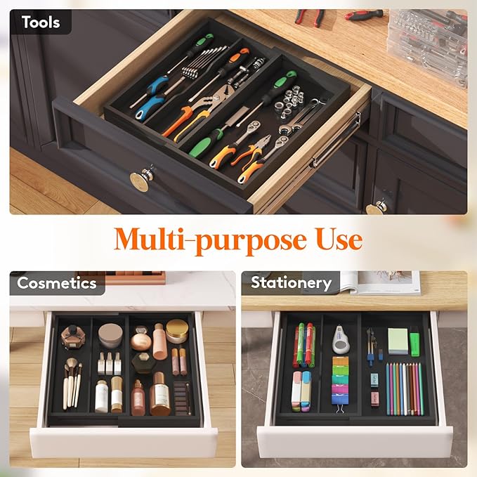 Lifewit Utensil Drawer Organizer, Expendable Cooking Silverware Tray for Kitchen Drawer, Bamboo Adjustable Cutlery Flatware Holder, Spatula Tools and Gadgets Storage Divider, 3 Compartments, Black