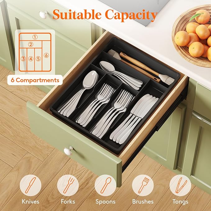 Lifewit Silverware Tray, Deep Wide Cutlery Drawer Organizer Storage for Kitchen, Plastic Flatware Utensil Holder Divider for Spoons Forks Knives Tableware, 6 Compartment, Black