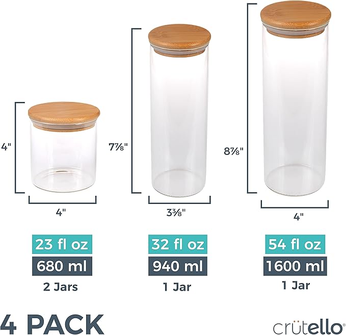 Crutello Glass Food Storage Containers with Bamboo Lids, Kitchen Glassware Canisters 4 Pack, One 54 & 32 oz, Two 23 oz, Pantry Glass Airtight Containers