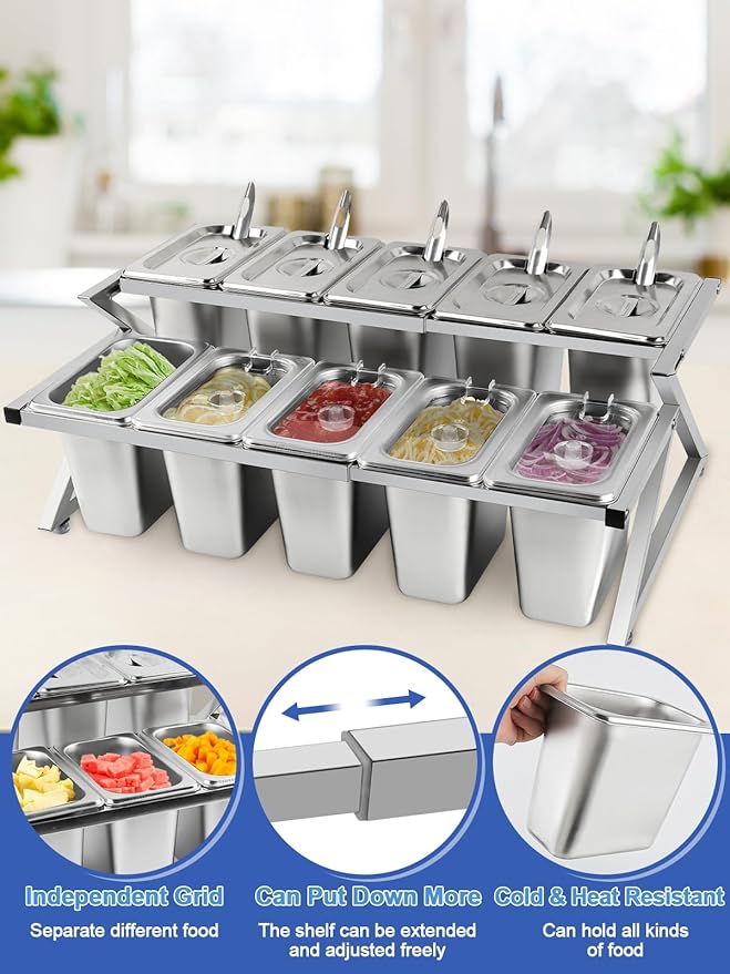 Lanstics 10 Pans Spice Rack Shelf 2 Row Adjustable Stainless Steel Spice Organizer Stand with Spoons Countertop Inclined Holder Buffet Containers Set for Sauce Jam Ingredient Kitchen Restaurant Pantry