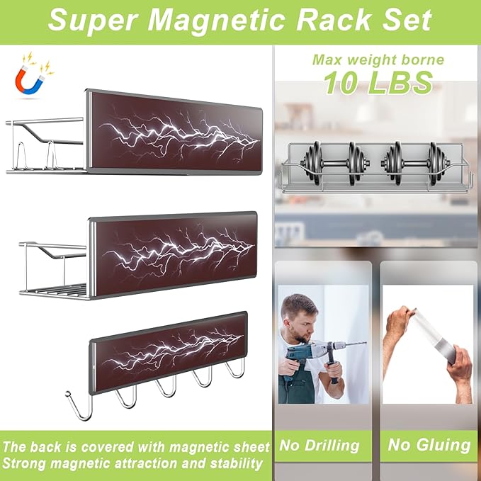 Magnetic Spice Rack for Refrigerator, 3 Pack Metal Magnet Spice Organizer Shelf with Hook Rack, Magnetic Fridge Shelves for Kitchen Organization and Storage, Seasoning Organizer Gadgets (Grey)