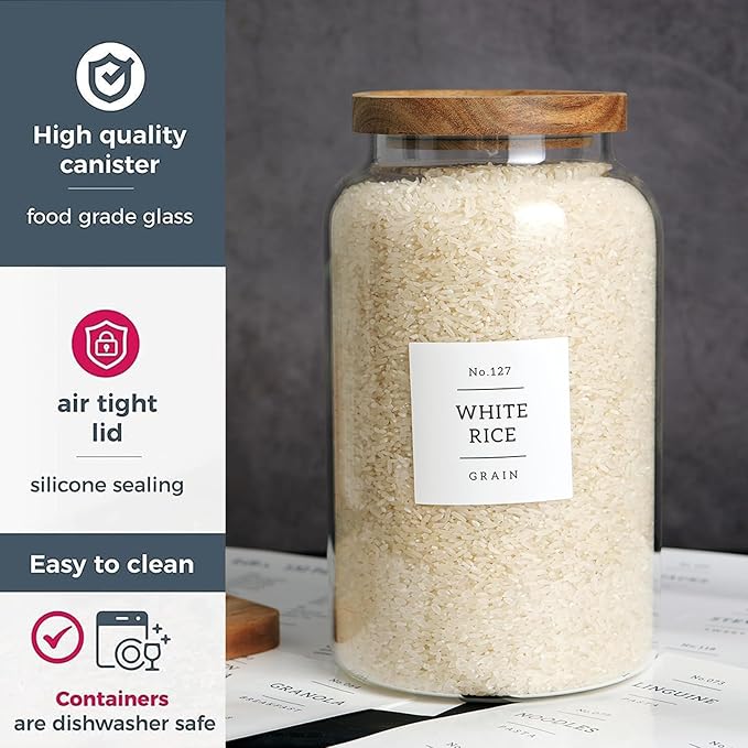 Set of 2 Large Glass Jar with Airtight Acacia Lid and 132 Kitchen Pantry Labels, Clear Glass Food Storage Jars Containers for Rice Flour Pasta Sugar Coffee Cookie and More(98 Fl Oz/2800 Ml)