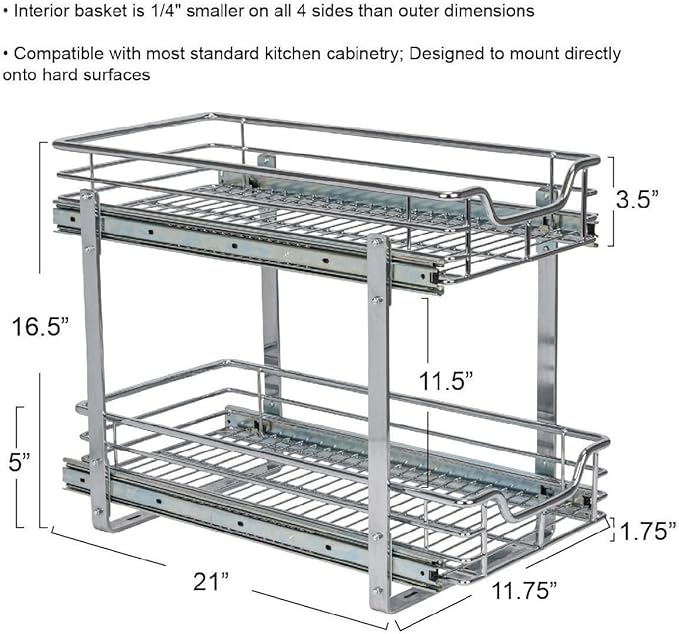 Household Essentials Glidez Slide Out Cabinet Organizer, 11.5” Wide, Durable Chrome-Plated Steel Frame,Dual Baskets & Smooth Glides,Heavy-Duty & Space-Optimizing,Simple Assembly & Installation, Chrome