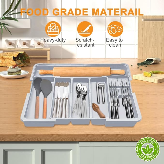 Homecor Large Utensil Organizer for Kitchen Drawer, Expandable Silverware Drawer Organizer Cooking Utensils Tray, Cutlery Flatware Holder Kitchen Spatula Tools & Gadgets Storage with 3 Dividers, Grey