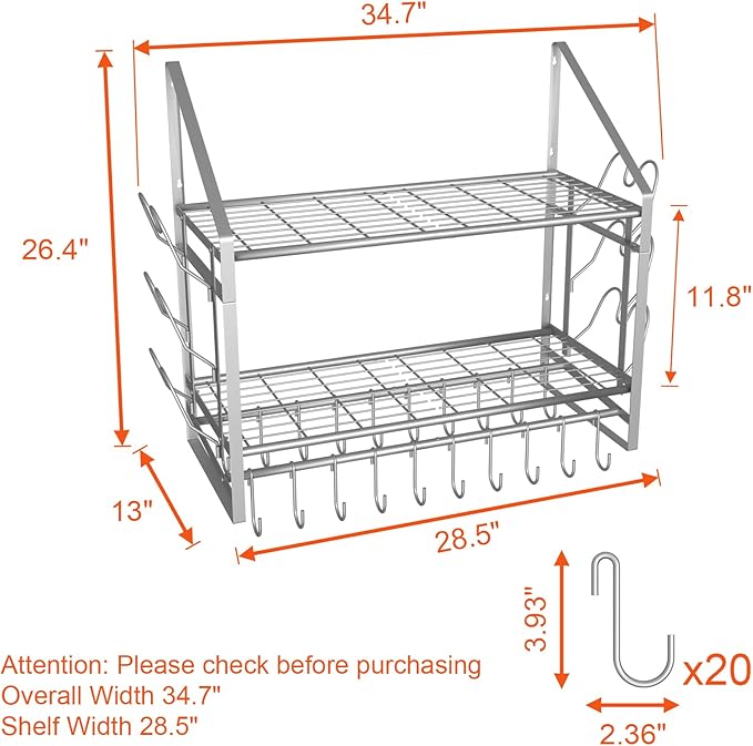 35 Inch Pot Rack Wall Mounted, 2 Tier Pots and Pans Organizer with 20 Hooks and 6 Pot Lid Holders, Heavy Duty Steel Pot and Pan Hanger for Kitchen Cookware Utensils Storage, Silver