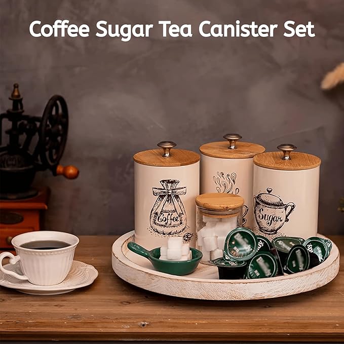 Youeon Small Canister Sets for Kitchen Counter, 25 Oz Coffee Sugar Tea Canister Set, Metal Vintage Kitchen Container 3 Pack, Food Storage Containers with Bamboo Lid, Farmhouse Decor, Beige