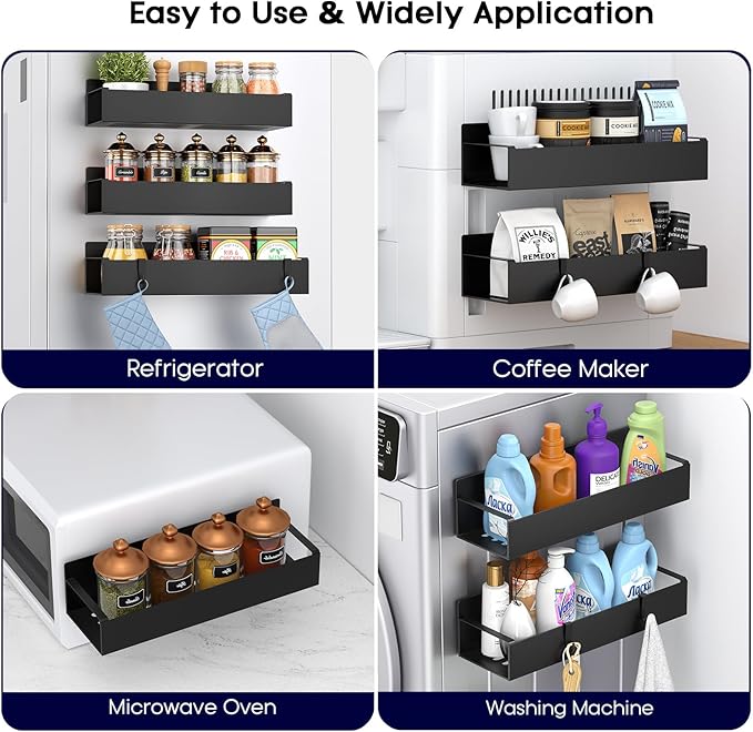 Magnetic Spice Rack for Refrigerator, Magnetic Refrigerator Organizer, 3 Pack Metal Black Magnetic Shelf with Paper Towel Holder, Rustproof Side Fridge Storage Rack for Kitchen with 4 small hooks