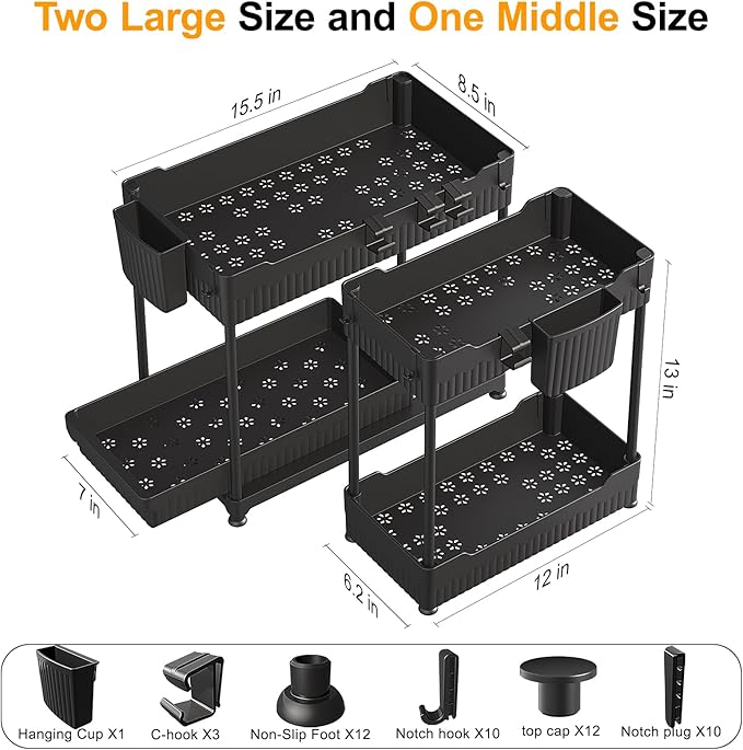 3 Sets of Under Sink Organizers, 2-Tier Multi-Use Kitchen and Bathroom Organizers and Storage with Sliding Drawers,Bathroom Cabinet Organizer (Black)
