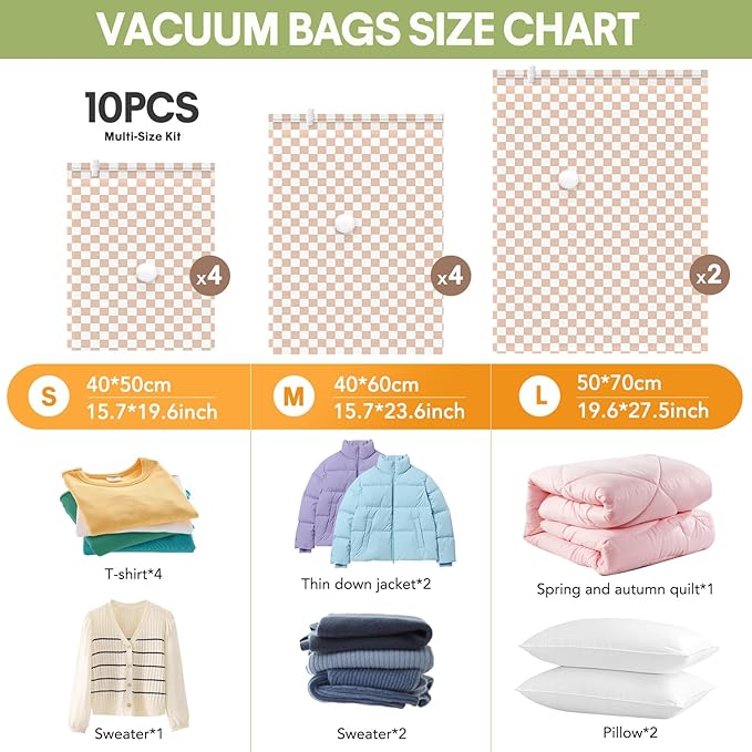 10 Pack Travel Vacuum Storage Bags with Electric Pump, 2 Large+4 Medium+4 Small Vacuum Sealer Bags, 80% Space Saver Bags for Luggage, Comforters and Blankets, Travel Essentials(Light Pink Checkered)