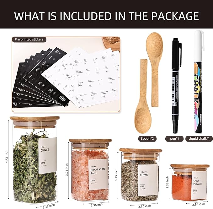 16Pcs Glass Spice Jars with Bamboo Lids, include 4oz, 6oz, 8oz, 10oz Empty Square Containers With 340 Spice Labels Preprinted of White and Black Color, Spice Bottles for Seasoning Organizer