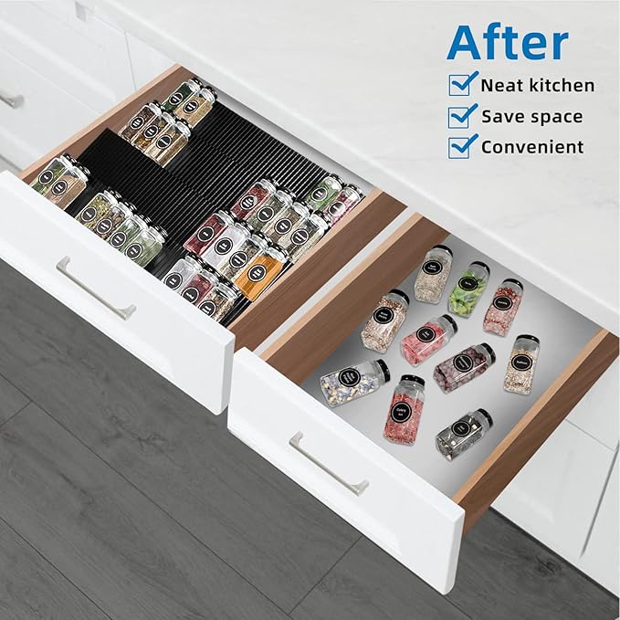 Spice Drawer Organizer,Spice Rack Drawer for Kitchen, 4 Tier Acrylic Drawer Spice Organizer for Jars and Packets,Expandable From 11" to 22" 8 Pack (black)