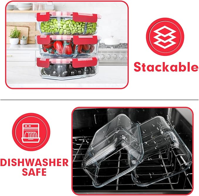VERONES 10 Pack Glass Meal Prep Containers 2 Compartment Set, 36OZ Airtight Glass Lunch Containers, Glass Food Storage Containers with Lids, for Microwave, Oven, Freezer & Dishwasher Friendly,Red