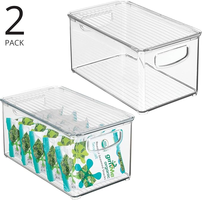 mDesign Plastic Deep Storage Bin Box Container with Lid and Built-In Handles - Organization for Fruit, Snacks, or Food in Kitchen Pantry, Cabinet, or Cupboard, Ligne Collection, 2 Pack, Clear