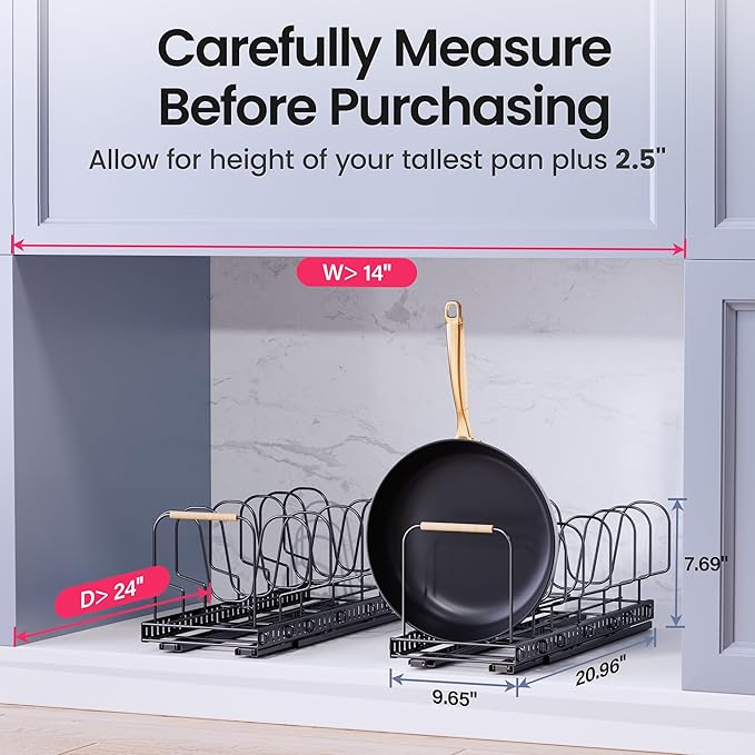 Pots and Pans Organizer under Cabinet, 2 Pack Pull out Pan Organizers inside Cabinet for Kitchen Cabinet Organizers and Storage with Adjustable Dividers and Handled Divider
