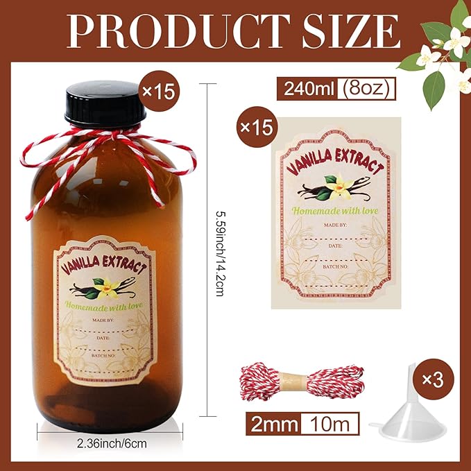 15 Pack 8 Oz Amber Glass Bottle with Caps Brown Vanilla Extract Bottles Boston Round Bottles 15 Pcs Vanilla Extract Stickers Glass Food Storage Canister for Syrup Sauce Beans Homemade Essential Oils