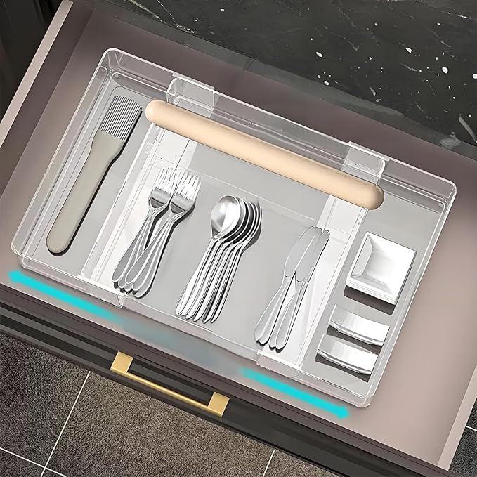 Expandable Adjustable Kitchen Drawer Organizer - Clear Multi-Purpose Tray for Silverware, Cutlery, Utensils, Stationery, Home Office Tools - Customizable Storage for Forks,Knives,Spoons,Pens
