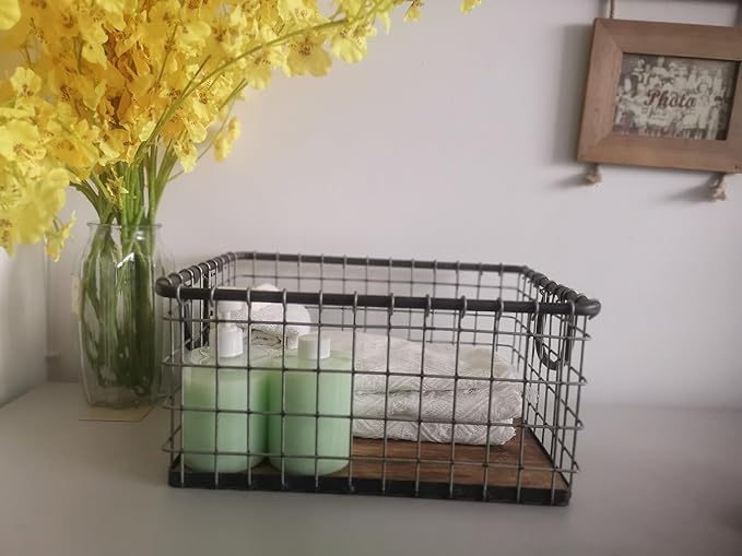 16" Rectangular Sturdy Hand Welded Farmhouse Metal Wire Basket with Rustic Wooden Bottom For Shelves, Closet Storage Bins for Shelves. Also For Laundry, Towel, Spice Rack, Tool Box (1)