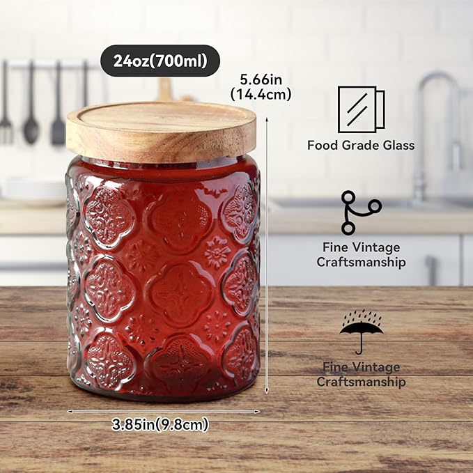 Vintage Glass Jar with Lid,Cookie Candy Jar Coffee Canister Food Storage Containers Storage Jar Set for Kitchen Office (Red birchapple flowers - acacia)
