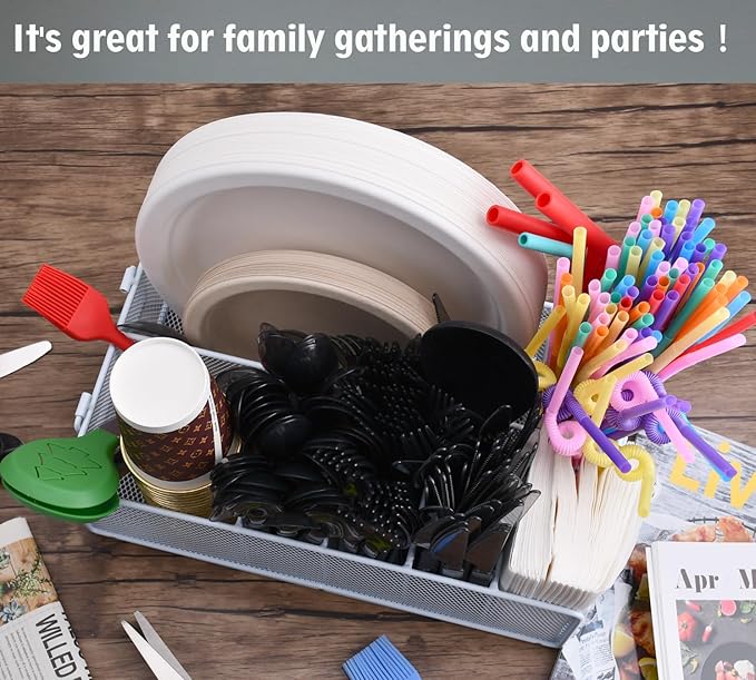 Paper Plate Organizer For Kitchen Countertop, Metal Silverware Caddy With 6 Compartments For Plate, Cup,Napkin,Paper Plate And Utensil Holder Caddy For Barbecue,Party,Camping,Picnic (BLACK)