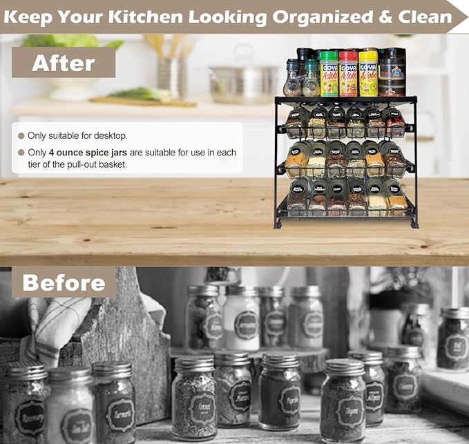 Artibear Desktop Pull Out Spice Rack Organizer for 54 Standard 4-Ounce Jars, 3-Tier Countertop Spice Holder for Kitchen, Matte Black (Jars Not Included)