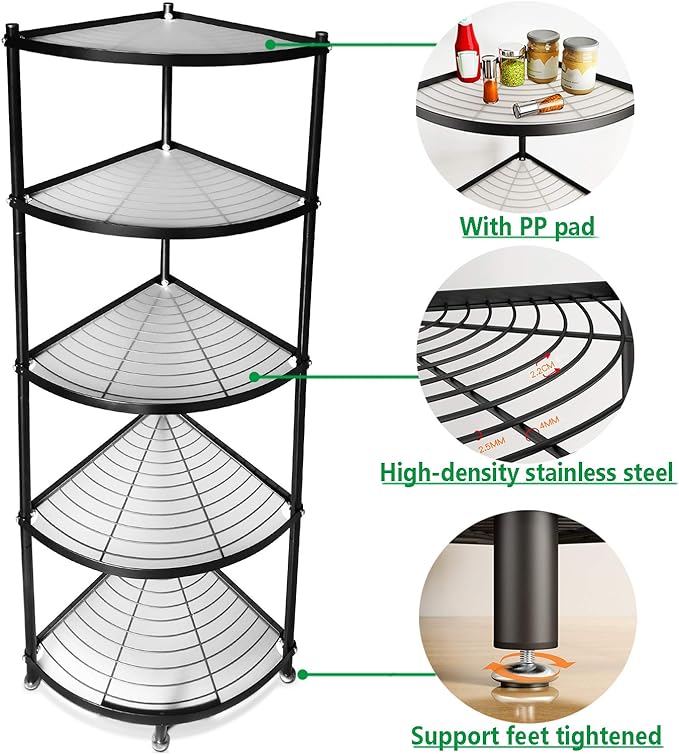 5-Tier Kitchen Corner Shelf Rack, Free Standing Pot Rack for Organizer Stainless Steel Cookware Stand