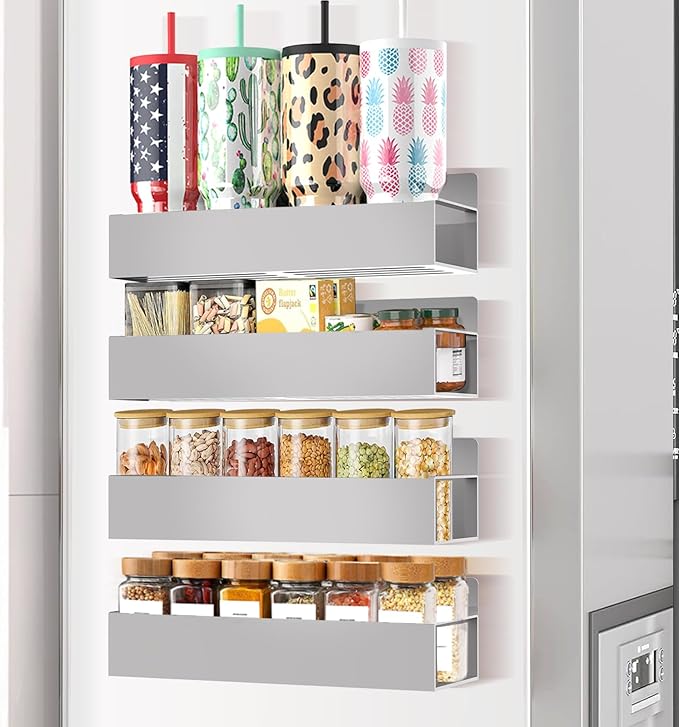 Magnetic Spice Rack Organizer for Fridge Seasoning Organizer for Kitchen storage with Screw or Adhesive Hanging,Magnetic Shelf with Hook for Refrigerator and Oven (Grey, 4pack)