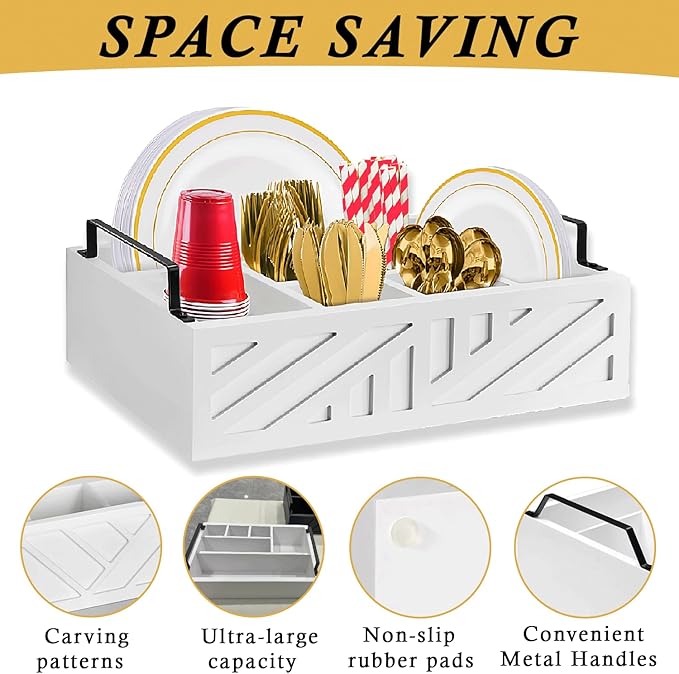 Paper Plate Dispenser, Paper Plate Holder for Kitchen Counter, Wood Rustic Silverware Utensil Caddy, Flatware Organizer with 6 Compartments- Plate Caddy for Picnic and Kitchen (White)