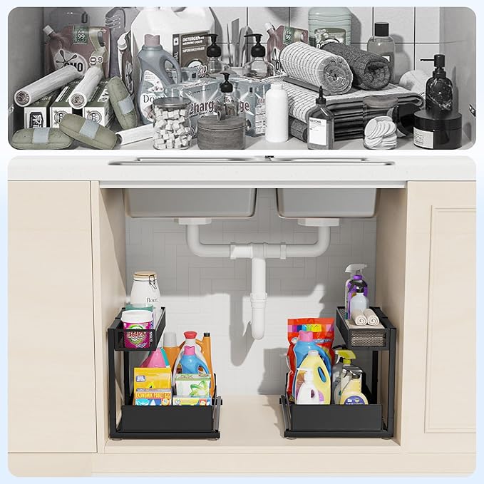 2 Pack Under Sink Organizer and Storage, 2 Tier Pull Out Cabinet Organizer, Slide Out Under Sink Storage Shelf, Undersink Organizers Shelves for Kitchen Bathroom Pantry Organization (Black)