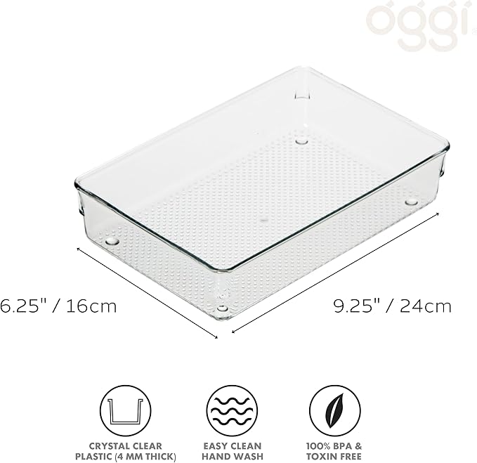 Oggi Clear Drawer Organizer - 6" X 9" - Ideal for Organizing Kitchen Drawers, Office, Desk, Silverware, Kitchen Utensils, Cosmetics and Bathrooms (Pack of 2)