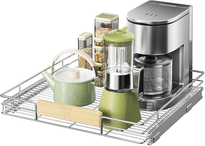 LOVMOR Pull Out Cabinet Organizer with Wooden Handle, 22½" W x 21½"Heavy Duty Cabinet Drawers Shelves Slide Out Organizer for Kitchen, Pantry